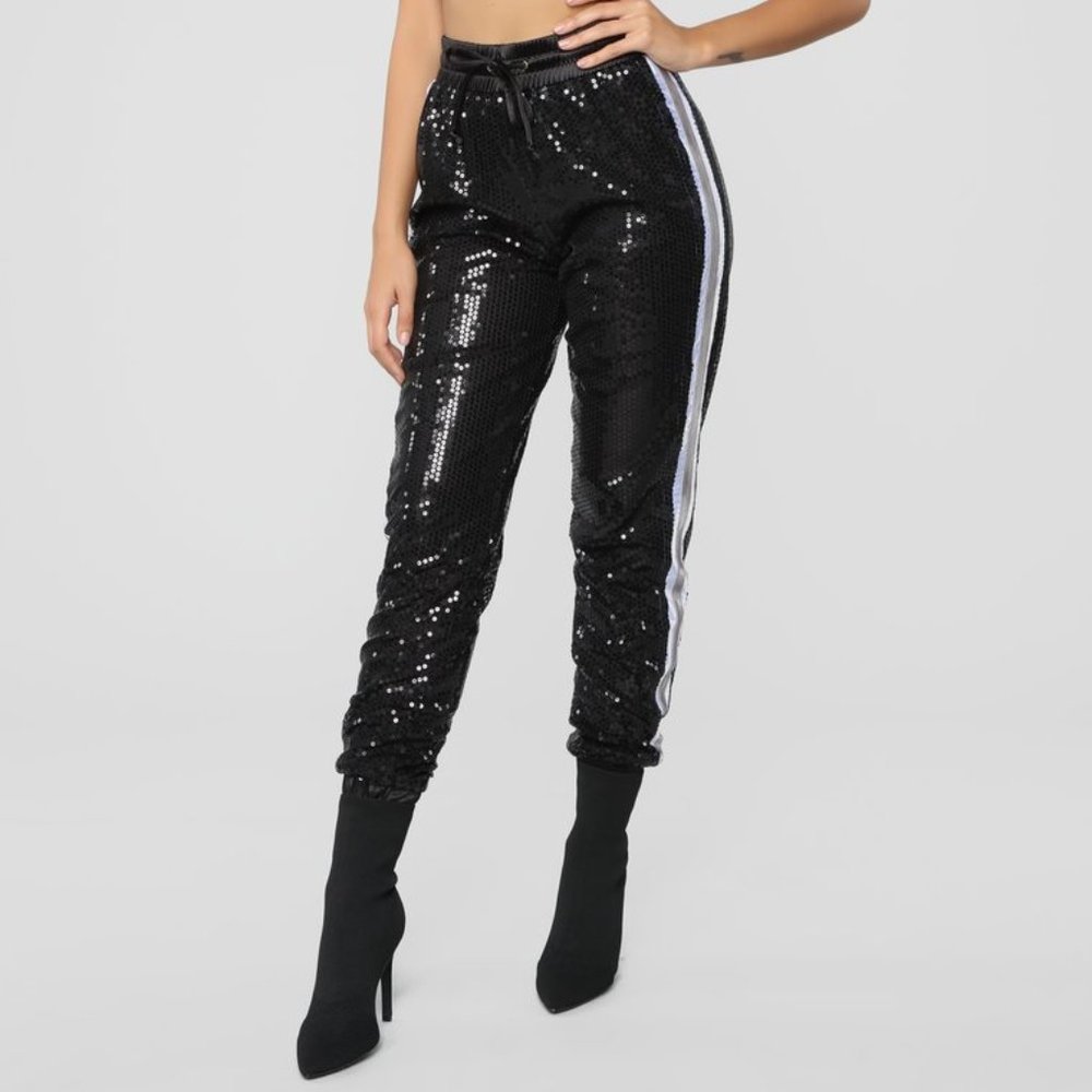 Fashion nova Black sequin Joggers, L, new